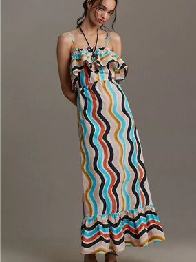FARM Rio Sleeveless Ruffle Wave-Striped Maxi Dress in Blue, Red, Black & Cream